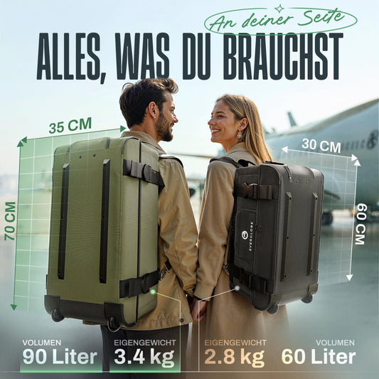 3in1 Reisetasche mit Rollen 90L Khaki Trolley Rucksack